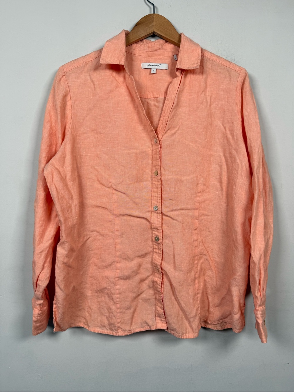 Foxcroft Button Down Shirt 16 Peach Coral Long Sleeve Coastal Blouse 100% Linen